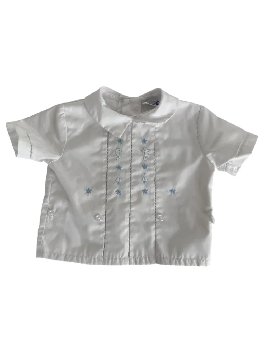 VTG Nannette Baby Boy Outfit White Blue Embroidered Romper Short Shirt Button 6M